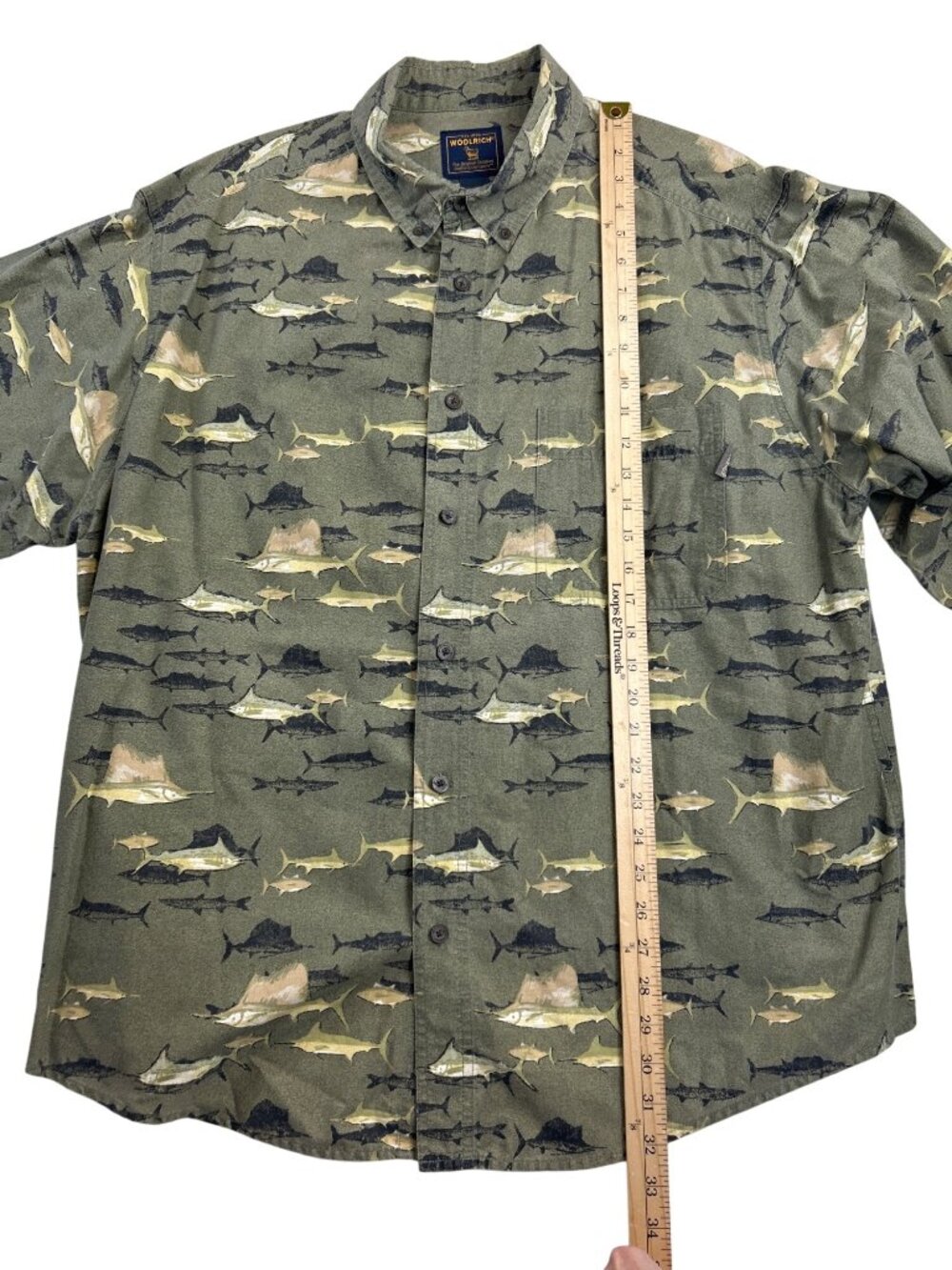 Vtg Woolrich Sz 2XL Fish Print Button Up Shirt Long Sleeve Green Coastal Retro - Picture 6 of 9